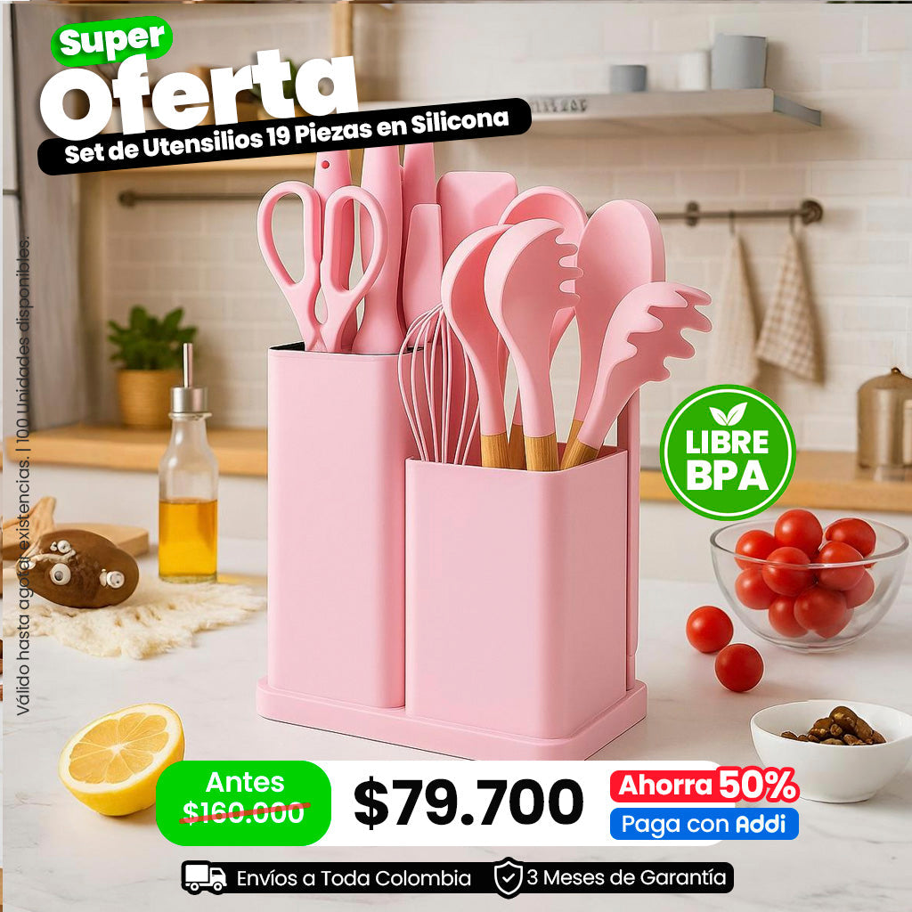 Set de Utensilios 19 Piezas en Silicona Altas Temperaturas Libres de BPA