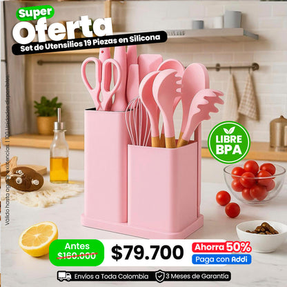 Set de Utensilios 19 Piezas en Silicona Altas Temperaturas Libres de BPA
