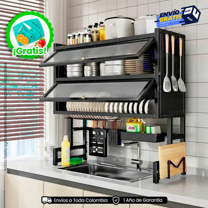 🌟 Platero Organizador 5 en 1 con Tapa – 2 Niveles en Acero Inoxidable Color Negro | Sokany®