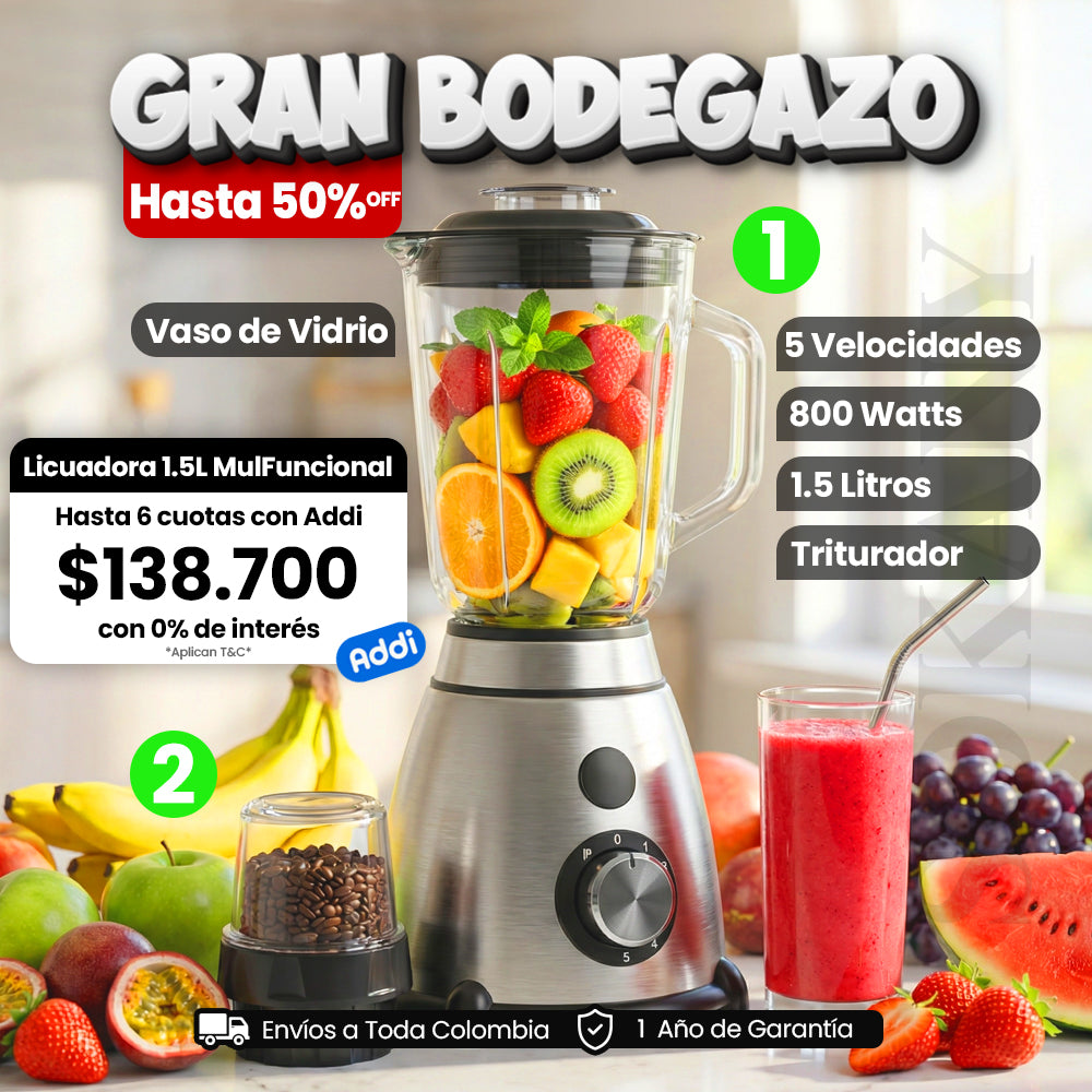 Licuadora Eléctrica Multipropósito 1.5 Litros 800W Vasos de Vidrio + Triturador Sokany