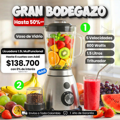 Licuadora Eléctrica Multipropósito 1.5 Litros 800W Vasos de Vidrio + Triturador Sokany