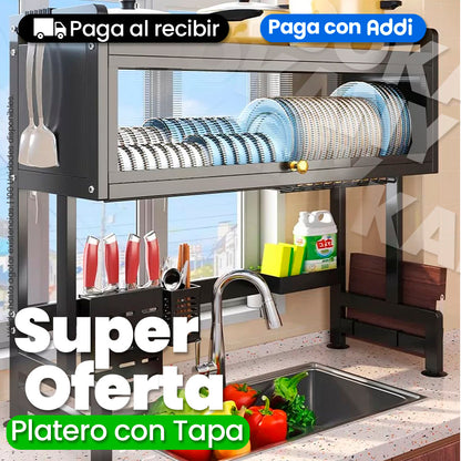 Organizador Escurridor de Platos con Tapa de 65 cm y 85 cm Acero Inoxidable Negro BlackFriday